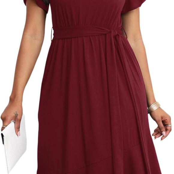 Dresses & Skirts - Women's Summer Casual Ruffle Sleeve A-Line Tiered Long Dress with Belt